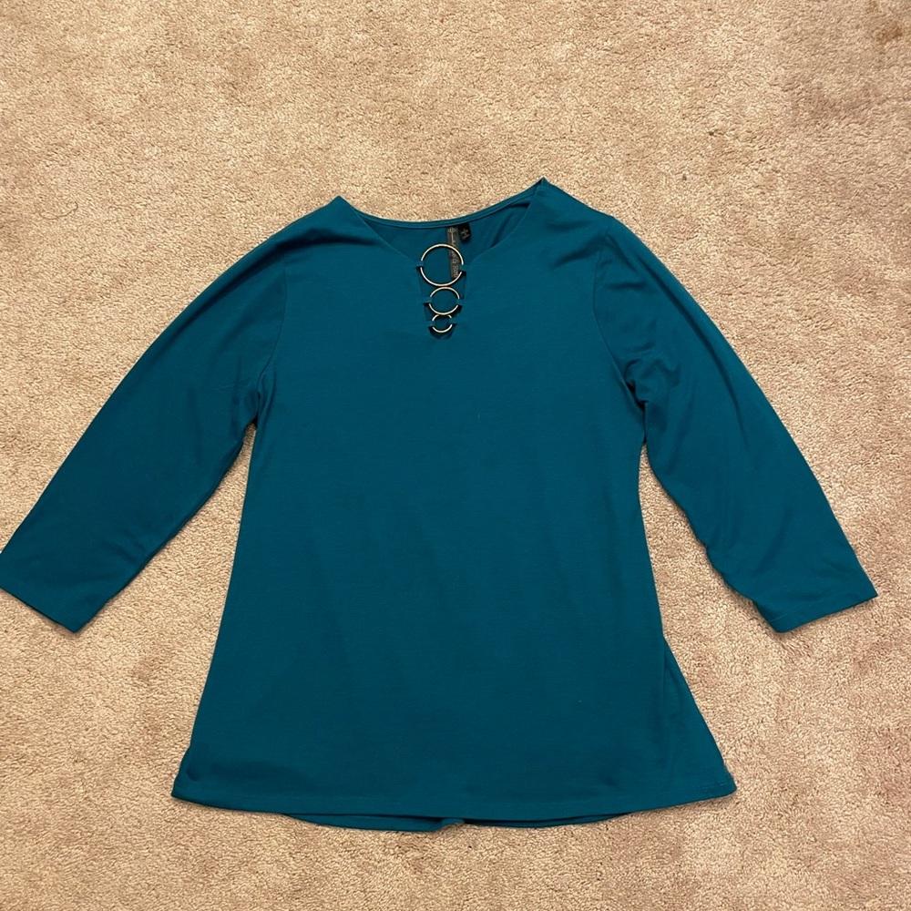 Allie & Rob Teal Long Sleeve Top with Bronze Ring Accent Size Large